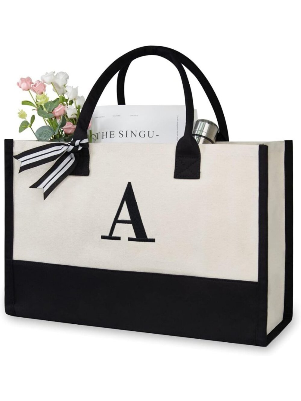 Personalized Initial Canvas Beach Tote Bag | Monogrammed Gift for Women
